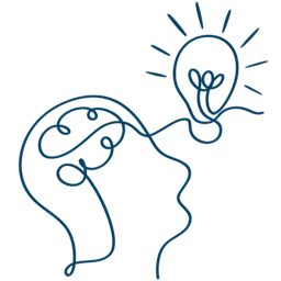 Continuous line art of a person thinking depicted with a brain and lightbulb